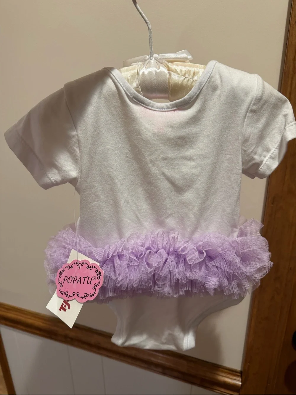 Popatu White Baby Onesie with Teal Glitter Mermaid Text and Purple Shells